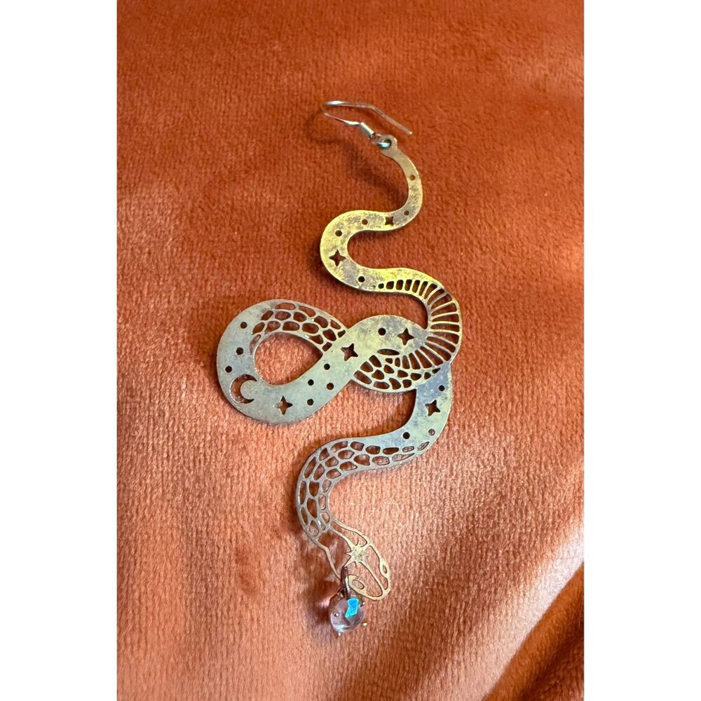 Laser Cut Brass Celestial Snake Earring Serpent Teardrop Crystal Whims